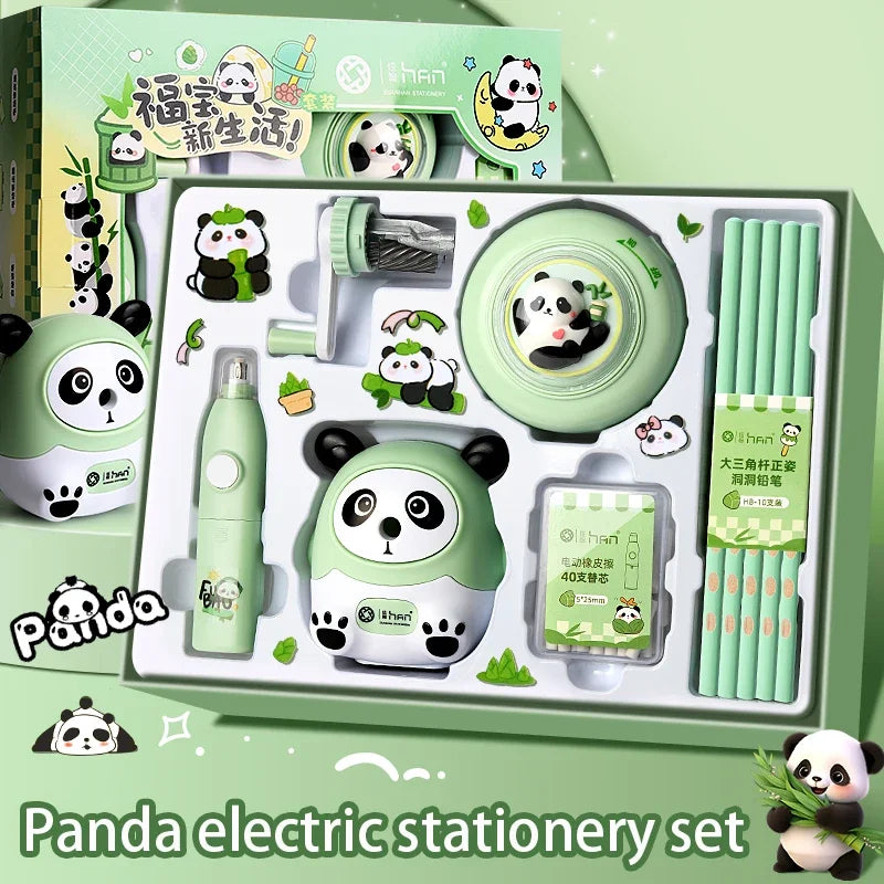 Kawaii Kapibala Panda Electric Stationery Set Pencil Sharpener Electric Eraser Vacuum Cleaner For School Students Supplies Gift