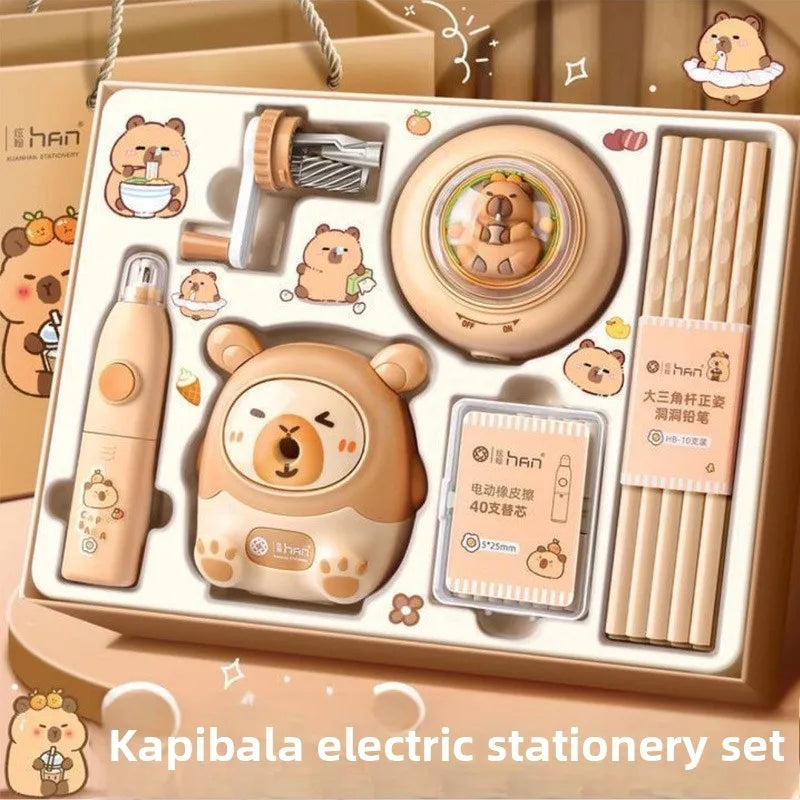 Kawaii Kapibala Panda Electric Stationery Set Pencil Sharpener Electric Eraser Vacuum Cleaner For School Students Supplies Gift
